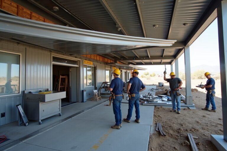 Metal fabrication crew installing fascia and trim for Utah contractors