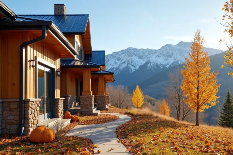 Utah home with metal roof and gutters ready for winter, autumn leaves and snow-capped mountains
