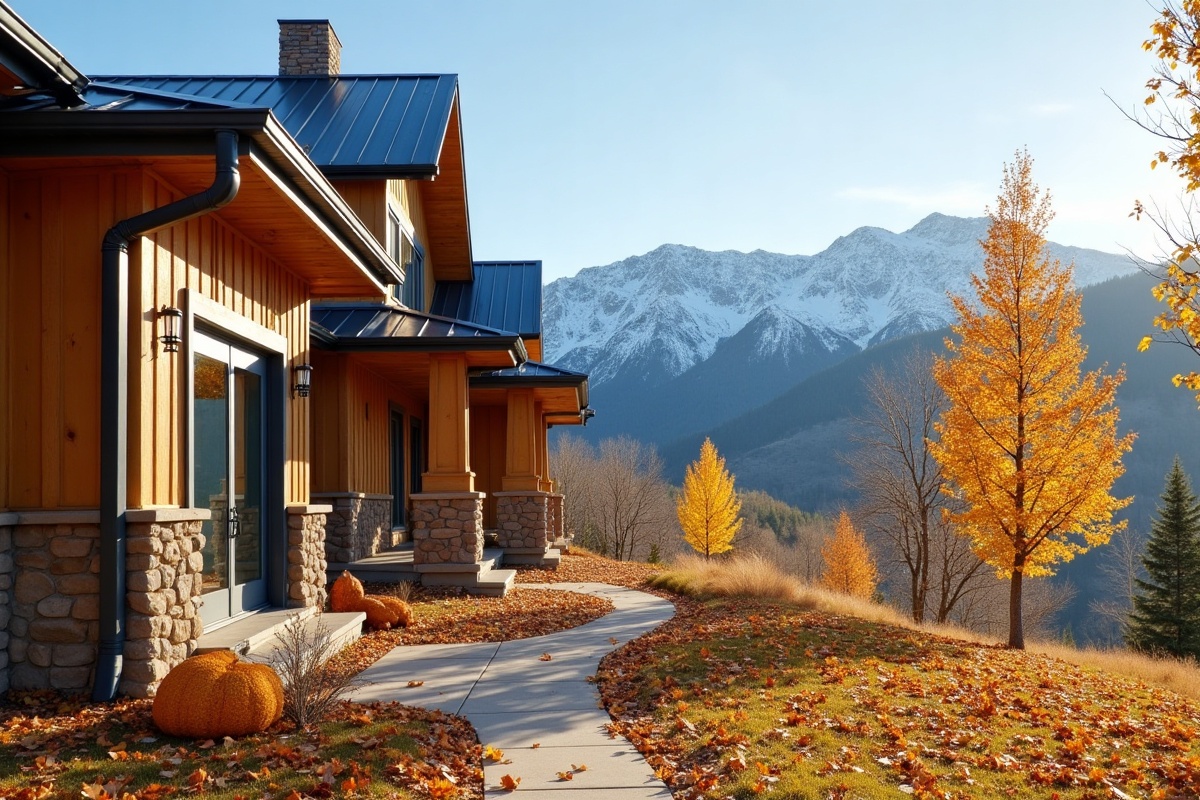 Utah home with metal roof and gutters ready for winter, autumn leaves and snow-capped mountains
