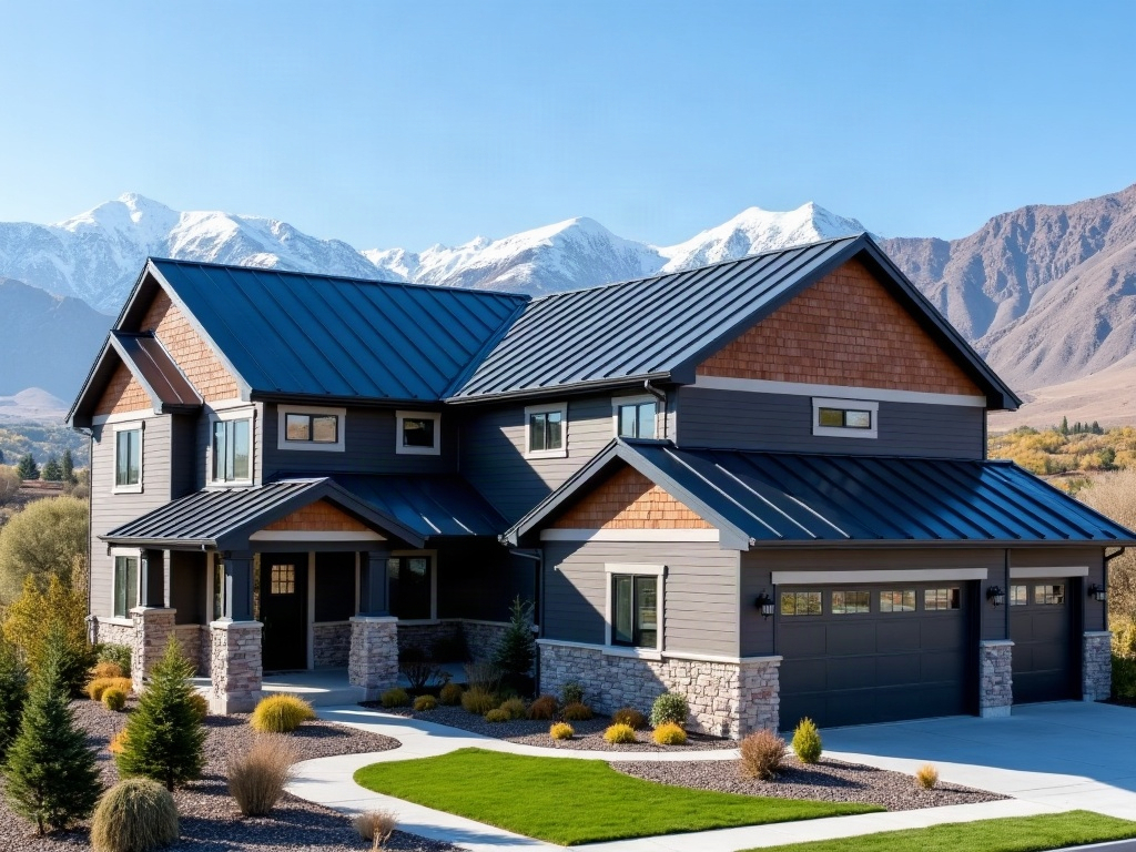 Durable standing seam metal roof on a Northern Utah home with the Wasatch mountains behind it
