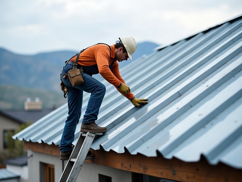 Metal roofing contractor inspecting a standing seam roof for leaks near flashing on an Ogden, Utah home