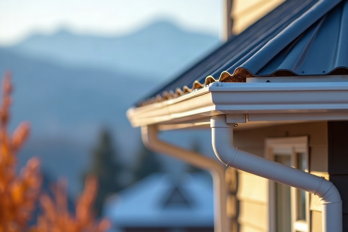 Newly installed seamless aluminum gutter and downspout on an Ogden Utah home with a metal roof