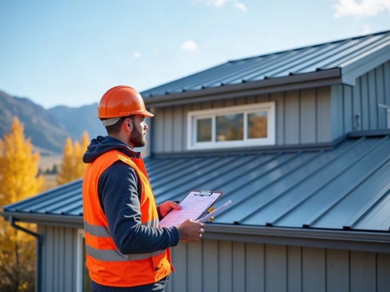 Roofing contractor estimating a new standing seam metal roof on a Northern Utah home with the Wasatch mountains behind it
